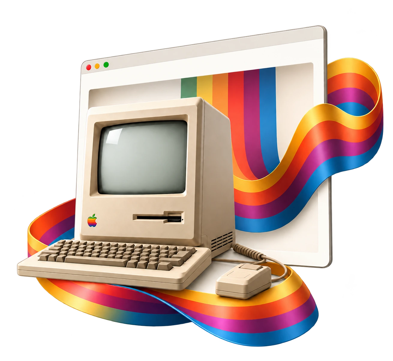 A beige Macintosh emerging from a browser panel with a flowing rainbow ribbon