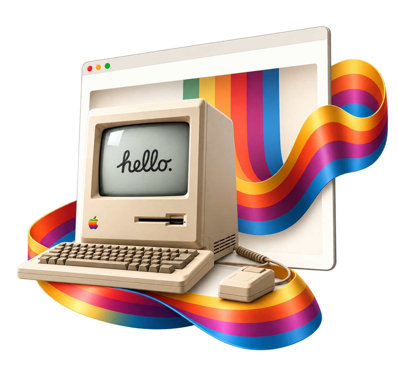 Macintosh and rainbow ribbon museum concept